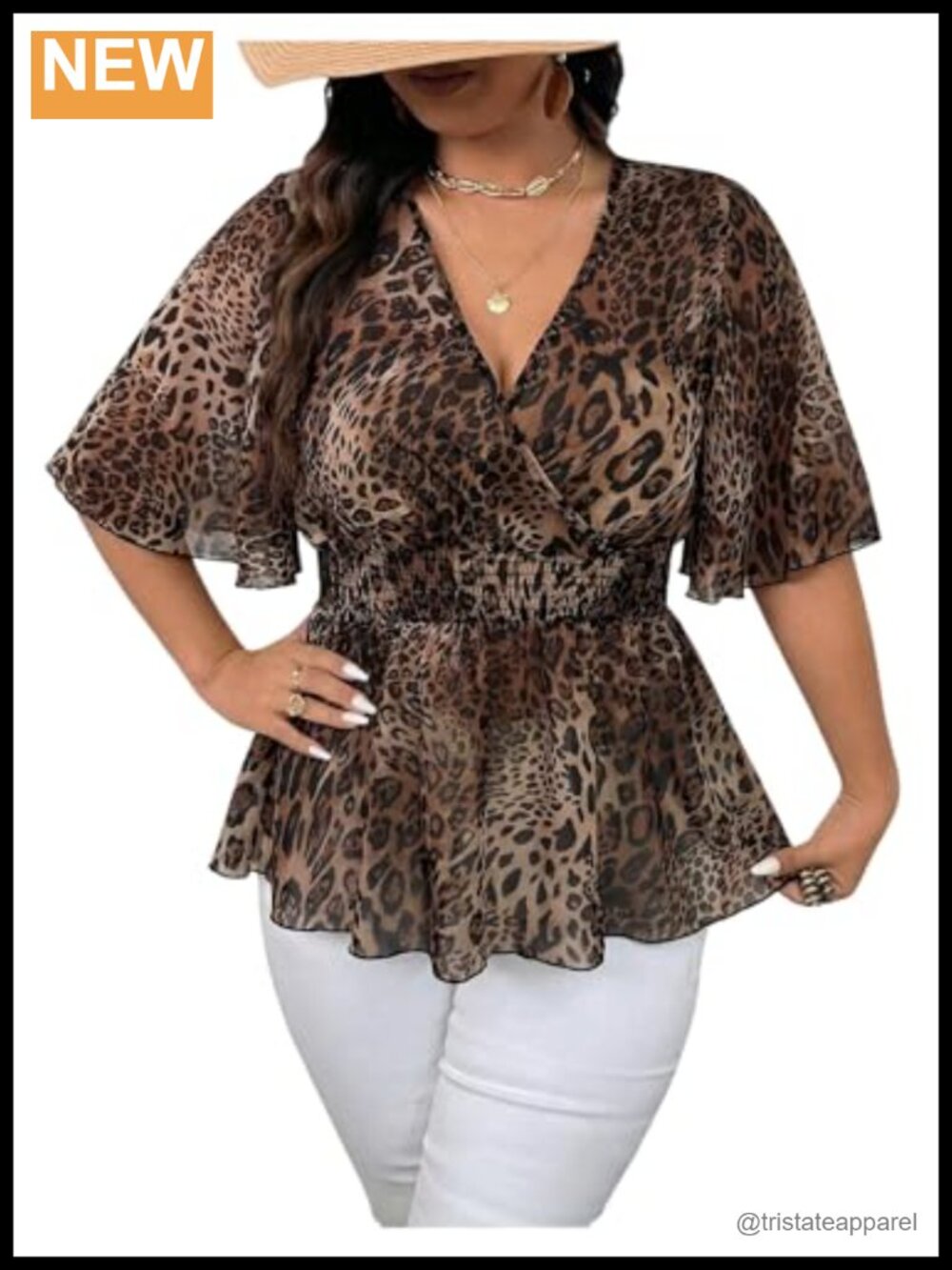 Plus Size Cheetah Peplum Blouse V-Neck Short Sleeve Smocked Summer Top